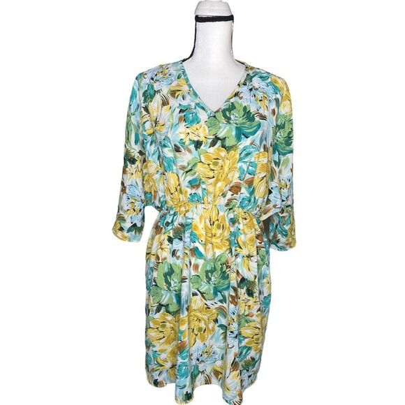 SHEIN Dolman Sleeve Floral Print Mini Swing Dress Large Spring Tropical Yellow - Picture 2 of 11